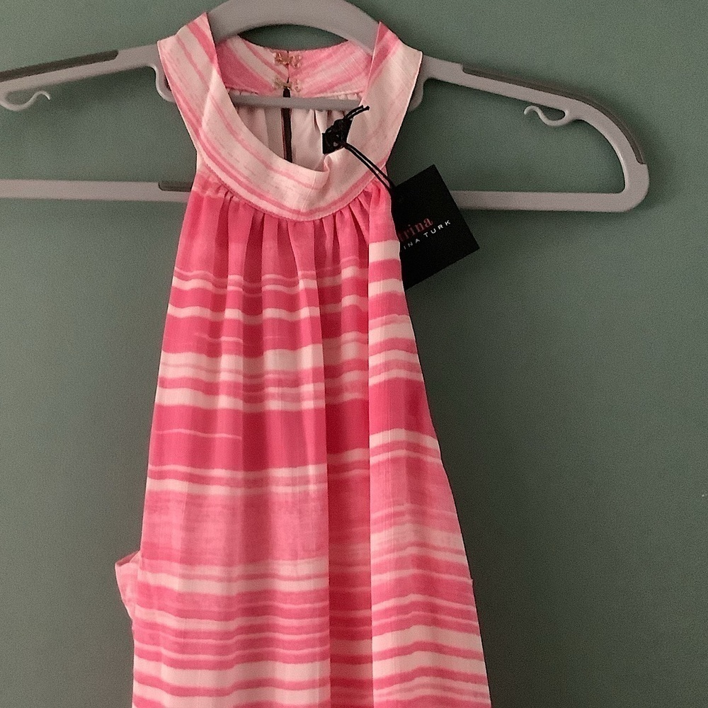 Trina Turk Zuri Pink Striped Ruffle Hem Halter Mini Dress Size XL New - Picture 3 of 6